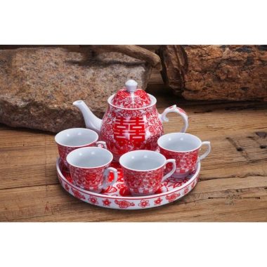 Bộ ấm chén sứ đỏ Hỷ rồng phượng 6 chén 1 ấm - Tiệc trà gia tiên, chỉ 100.000 VND 8