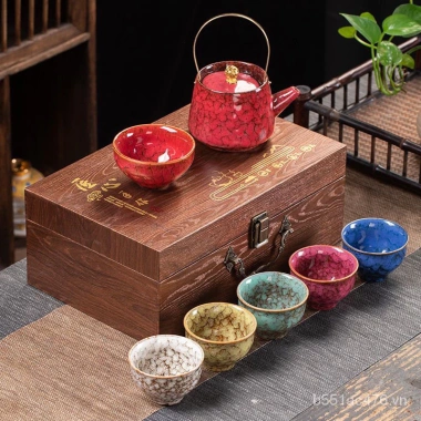 Bộ Ấm Chén Sứ Ngọc Men Rạn Ngũ Sắc Đẳng Cấp - Hộp Gỗ Khóa Quý Phái, Quà Biếu Doanh Nhân Sang Trọng, Giá Ưu Đãi 499k