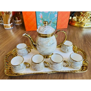 Bộ ấm chén sứ vân đá viền vàng Bắc Âu sang trọng, thưởng trà, quà tặng