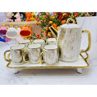 Bộ ấm chén sứ vân đá viền vàng Bắc Âu sang trọng, thưởng trà, quà tặng
