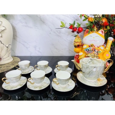 Bộ ấm chén sứ vân đá viền vàng Bắc Âu sang trọng, thưởng trà, quà tặng
