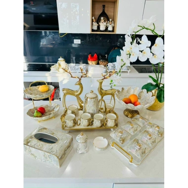 Bộ ấm chén sứ vân đá viền vàng Bắc Âu sang trọng, thưởng trà, quà tặng