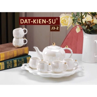 Bộ ấm chén sứ vân đá xanh nâu kèm 7 đĩa sứ rời – decor sang trọng, giá từ 1.027.290 xuống 849.000 VND