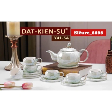 Bộ ấm chén sứ vân đá xanh nâu kèm 7 đĩa sứ rời – decor sang trọng, giá từ 1.027.290 xuống 849.000 VND