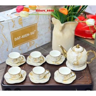Bộ ấm chén sứ vân đá xanh nâu kèm 7 đĩa sứ rời – decor sang trọng, giá từ 1.027.290 xuống 849.000 VND