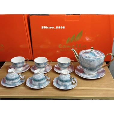 Bộ ấm chén sứ vân đá xanh nâu kèm 7 đĩa sứ rời – decor sang trọng, giá từ 1.027.290 xuống 849.000 VND