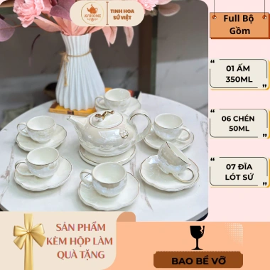 Bộ Ấm Chén Sứ Viền Vàng Uống Trà + Đĩa Rời Sang Trọng – Quà Tặng Ý Nghĩa Giá 840k VND