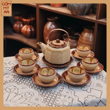 Bộ ấm chén trà Gốm sứ Bát Tràng men hoa biến màu Nâu Cát cao cấp - An toàn, chỉ 750.000đ