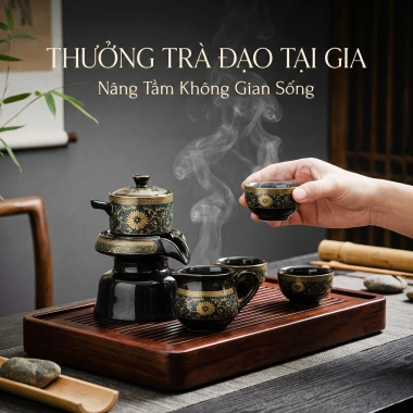 Bộ ấm chén trà gốm sứ cao cấp + cối xay, set pha trà Đạo viền vàng - 350k 2