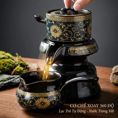 Bộ ấm chén trà gốm sứ cao cấp + cối xay, set pha trà Đạo viền vàng - 350k 3