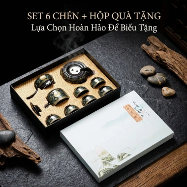 Bộ ấm chén trà gốm sứ cao cấp + cối xay, set pha trà Đạo viền vàng - 350k 5