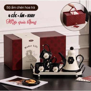 Bộ ấm chén trà gốm sứ hoa trà khắc nổi 7 món - phong cách cổ điển, giảm giá 10
