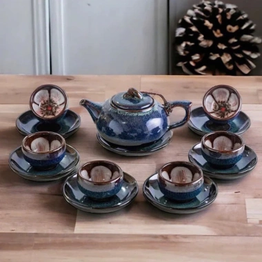 Bộ Ấm Chén Trà Men Hoả Biến Xanh Chén Lòng Hoa - Gốm Bát Tràng Cao Cấp Giá 300.000 VNĐ 2