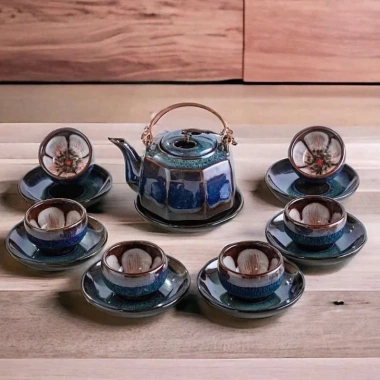 Bộ Ấm Chén Trà Men Hoả Biến Xanh Chén Lòng Hoa - Gốm Bát Tràng Cao Cấp Giá 300.000 VNĐ 9