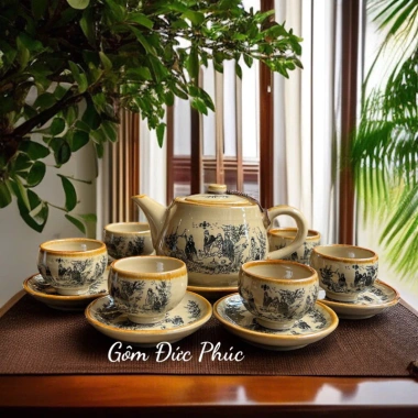 Bộ Ấm Chén Trà Men Ngà Giả Cổ Trúc Lâm Thất Hiền - Gốm Sứ Bát Tràng Cao cấp, Giá ưu đãi 360.000 VND 4