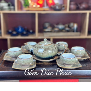 Bộ Ấm Chén Trà Ngọc Thạch Xanh, Chén Trắng Tia, Gốm Sứ Bát Tràng Cao Cấp 348k