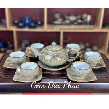 Bộ Ấm Chén Trà Ngọc Thạch Xanh, Chén Trắng Tia, Gốm Sứ Bát Tràng Cao Cấp 348k