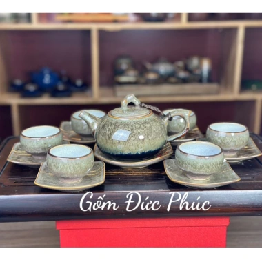 Bộ Ấm Chén Trà Ngọc Thạch Xanh, Chén Trắng Tia, Gốm Sứ Bát Tràng Cao Cấp 348k