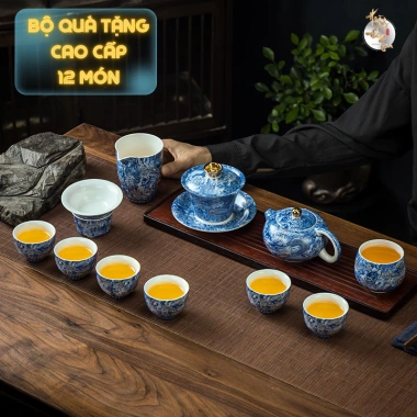 Bộ Ấm Chén Trà Sứ Cao Cấp Rồng Vân Long 12 Món Trà Đạo kèm Túi Xách Biếu Sếp Quà Tặng 2