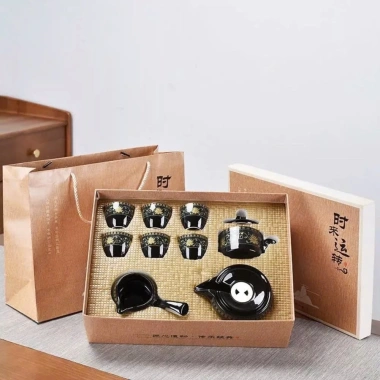 Bộ Ấm Chén Trà Tử Sa Xanh Đen Vàng - 1 Ấm, 6 Chén, Cối Xay, Hộp Quà - Chỉ 175k