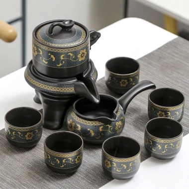 Bộ Ấm Chén Trà Tử Sa Xanh Đen Vàng - 1 Ấm, 6 Chén, Cối Xay, Hộp Quà - Chỉ 175k