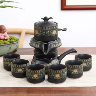 Bộ Ấm Chén Trà Tử Sa Xanh Đen Vàng - 1 Ấm, 6 Chén, Cối Xay, Hộp Quà - Chỉ 175k