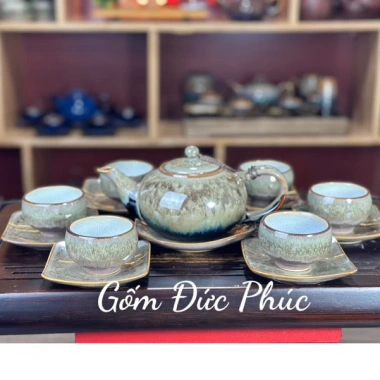 Bộ Ấm Chén Uống Trà Men Hoả Biến Xanh Ngọc Thạch - Gốm Sứ Bát Tràng Cao Cấp