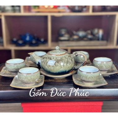 Bộ Ấm Chén Uống Trà Men Hoả Biến Xanh Ngọc Thạch - Gốm Sứ Bát Tràng Cao Cấp