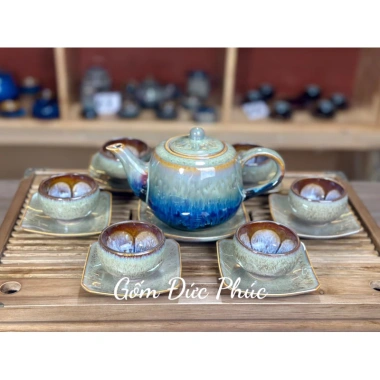 Bộ Ấm Chén Uống Trà Men Hoả Biến Xanh Ngọc Thạch - Gốm Sứ Bát Tràng Cao Cấp