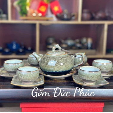 Bộ Ấm Chén Uống Trà Men Hoả Biến Xanh Ngọc Thạch - Gốm Sứ Bát Tràng Cao Cấp