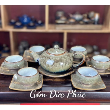 Bộ Ấm Chén Uống Trà Men Hoả Biến Xanh Ngọc Thạch - Gốm Sứ Bát Tràng Cao Cấp