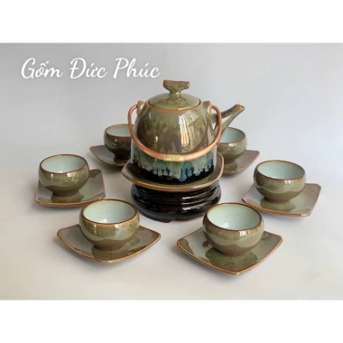 Bộ Ấm Chén Uống Trà Men Hoả Biến Xanh Ngọc Thạch - Gốm Sứ Bát Tràng Cao Cấp