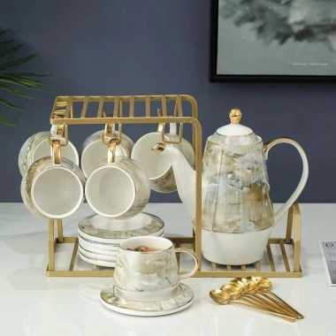 Bộ ấm chén Vân Đá Cẩm Thạch viền vàng phong cách Bắc Âu - Bộ Trà decor Tết 890.000₫