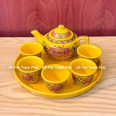 Bộ ấm chén vàng gấm thờ Thần Tài - ấm trà phong thủy sang trọng, giảm giá 22% chỉ 240.000₫