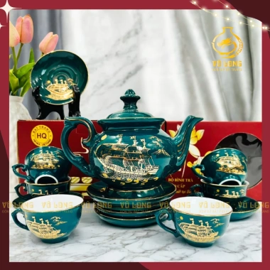 Bộ ấm chén vẽ vàng kim 24k phú quý: Gốm sứ Bát Tràng chính hãng, giá 690.000 VND