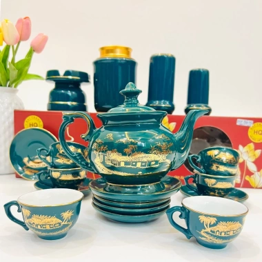 Bộ ấm chén vẽ vàng kim 24k phú quý: Gốm sứ Bát Tràng chính hãng, giá 690.000 VND