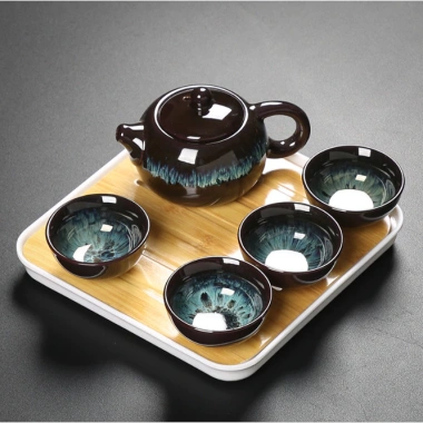 Bộ ấm tách trà Diệc Hỏa Biến Men 190ml - Hộp quà kèm quai xách, khay lót 20x20