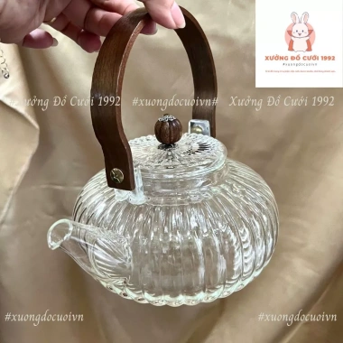 Bộ Ấm Thuỷ Tinh 800ml, Tách Đĩa, Bình Trà, Quai Gỗ Vân Sọc, Chịu Nhiệt, Lõi Lọc Inox - 36k 5
