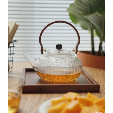 Bộ Ấm Thuỷ Tinh 800ml, Tách Đĩa, Bình Trà, Quai Gỗ Vân Sọc, Chịu Nhiệt, Lõi Lọc Inox - 36k 9