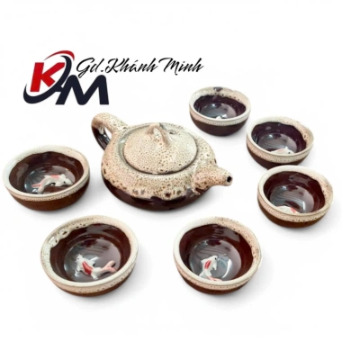 Bộ ấm trà + 6 chén trà họa tiết cá chép 3D sống động, đa màu, giảm giá 120.000₫