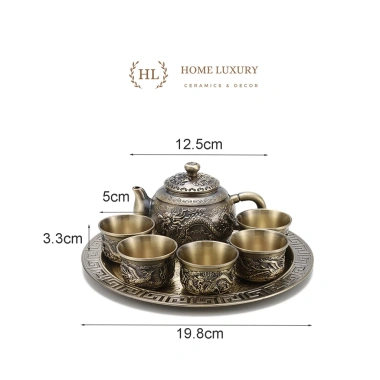 Bộ ấm trà đồng Long Phụng Sum Vầy 6 ly - Hoa văn phú quý, giá ưu đãi 550.000
