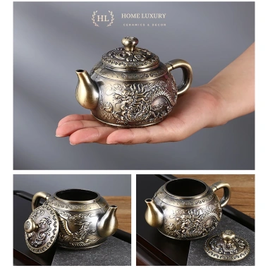 Bộ ấm trà đồng Long Phụng Sum Vầy 6 ly - Hoa văn phú quý, giá ưu đãi 550.000