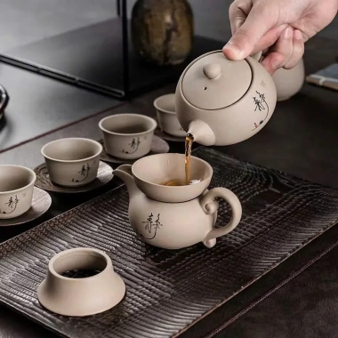 Bộ ấm trà gốm thô chữ Tĩnh đầy đủ phụ kiện trà đạo, giá ưu đãi 188.000₫