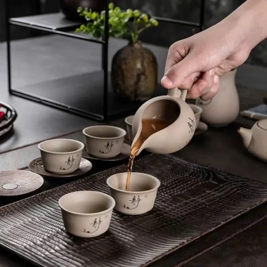 Bộ ấm trà gốm thô chữ Tĩnh đầy đủ phụ kiện trà đạo, giá ưu đãi 188.000₫
