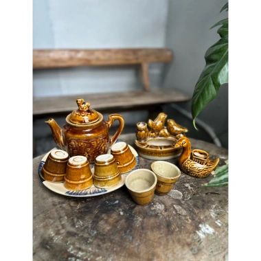 Bộ Ấm Trà Gốm Xưa Vàng Nâu Nhiều Món - Thiết Kế Cổ Điển, Giá Ưu Đãi 125k