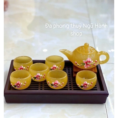 Bộ ấm trà hoa đào hồng và vàng 6 chén đế gỗ siêu VIP - Giá ưu đãi 1.940.000₫ 7