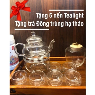 Bộ ấm trà hoa thủy tinh 600ml có lõi lọc, chén 2 lớp, bếp nến - Giá ưu đãi 349.000₫ 5