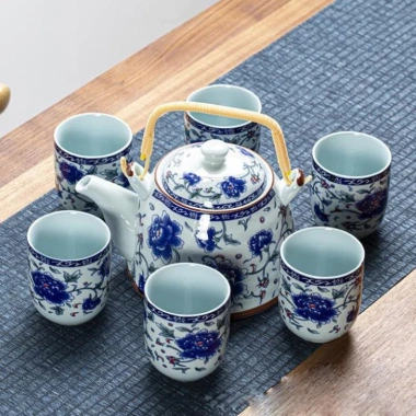 Bộ Ấm Trà Hội Làng – Bình To Đáy Bằng, Chén Men Xuyên Sáng Hoa Xanh, 285.696₫