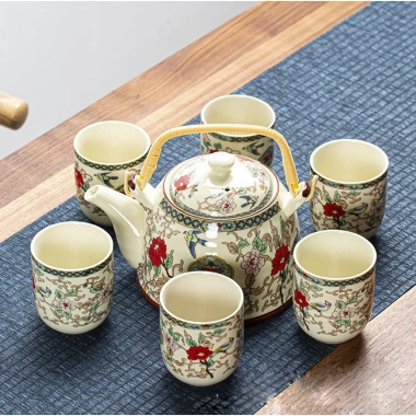 Bộ Ấm Trà Hội Làng – Bình To Đáy Bằng, Chén Men Xuyên Sáng Hoa Xanh, 285.696₫