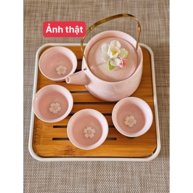 Bộ ấm trà Kung Fu hồng nhúm hoa độc đắc – ấm, 4 cốc và khay, giá ưu đãi 115.000